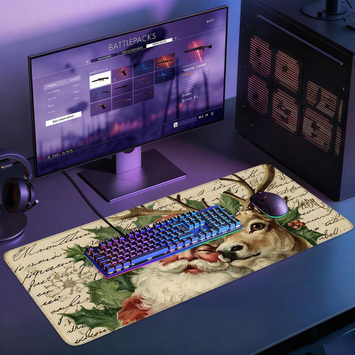 Desk Mat, XXL Extended Gaming Pad for Desktop, 35x16 Inches Santa and Reindeer Classic Scene, Large Non-Slip Vegan Leather Keyboard Mouse Mat for Home Office