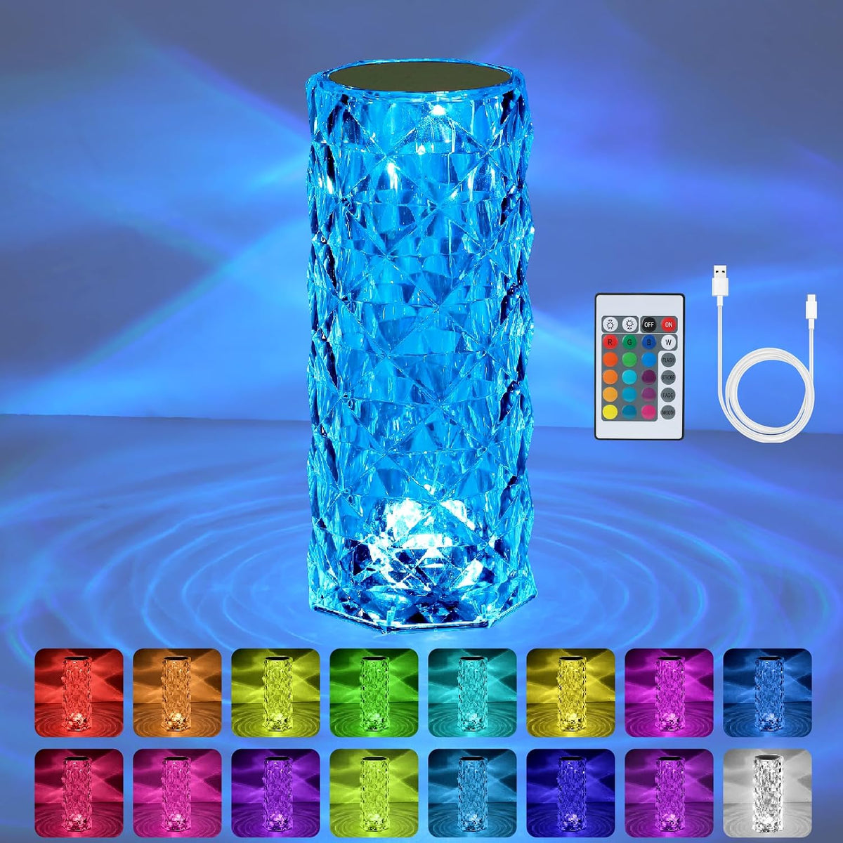VoMii 2 Pack Crystal Lamp Touch, RGB 16 Colors Changing Night Light, Rechargeable Crystal Table Lamp Bedside Lamp, Cordless Rose Diamond Battery Night Light, for Bedroom/Party/Dinner/Decoration