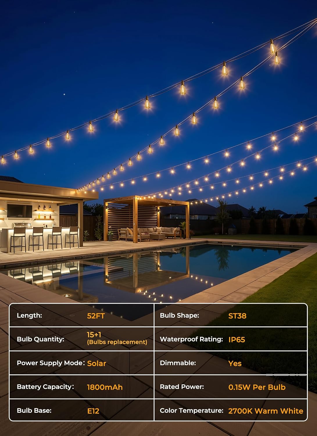 Brightown 52FT Solar String Lights Outdoor Waterproof, Up to 26Hrs Runtime | 15+1 LED Bulbs, USB & Solar Powered, Remote Control & Dimmable Timer, Ideal for Backyard, Garden, Camping & Party Decor