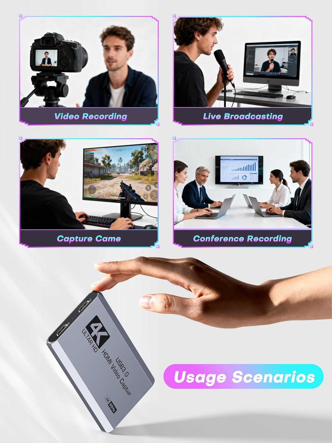 XIIXMASK 4K HDMI Capture Card, USB 3.0 4K60FPS Capture with Pass-Through | Features USB A/C for 4K60FPS & 1080P 120FPS video game capture & streaming. for PS4/5, Xbox, Switch1/2, PC, Mac & camera.
