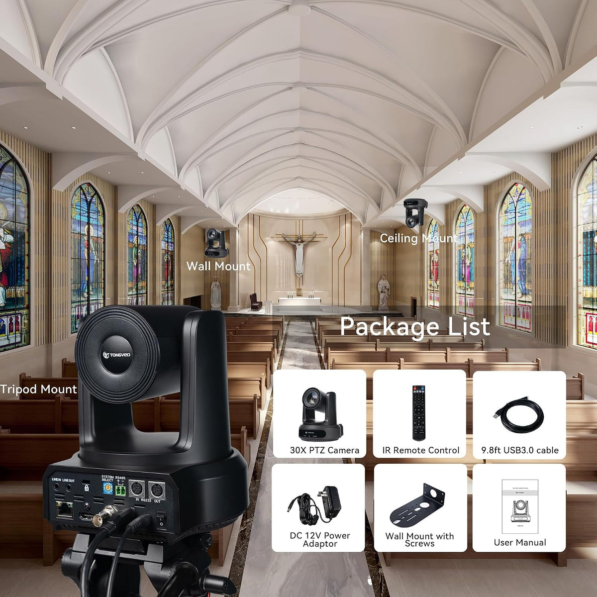 TONGVEO AI Auto-Tracking IP PTZ Camera SDI/HDMI/USB3.0/LAN PoE 30X Optical + 8X Digital Zoom 1080P 60fps for Live Streaming Church Services Education Video Conference with OBS vMix and More