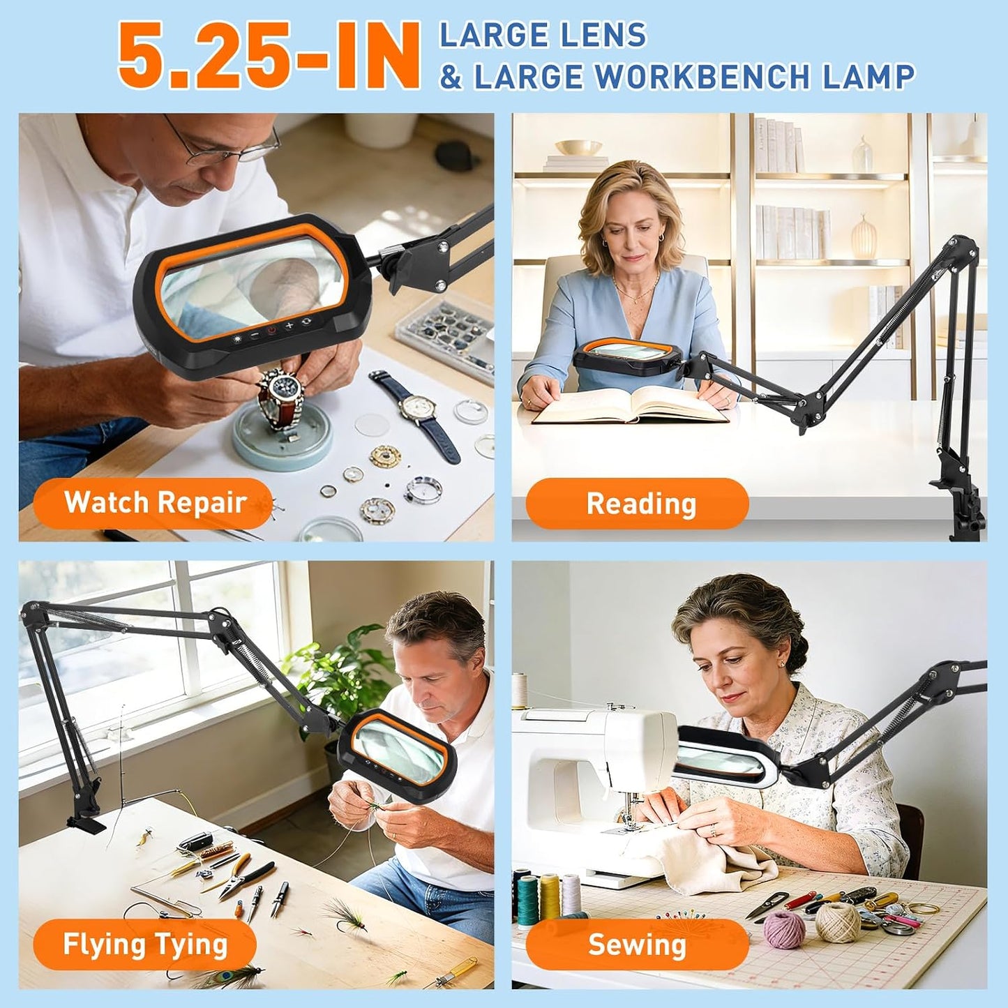 HITTI 12X Square Ultra Long Magnifying Glass with Light and Clamp | 3-Section Arm Hands Free Lighted Stand, 5 Color Modes, Stepless Dimming LED Desk Lamp for Workbench, Crafting, Reading-Yellow