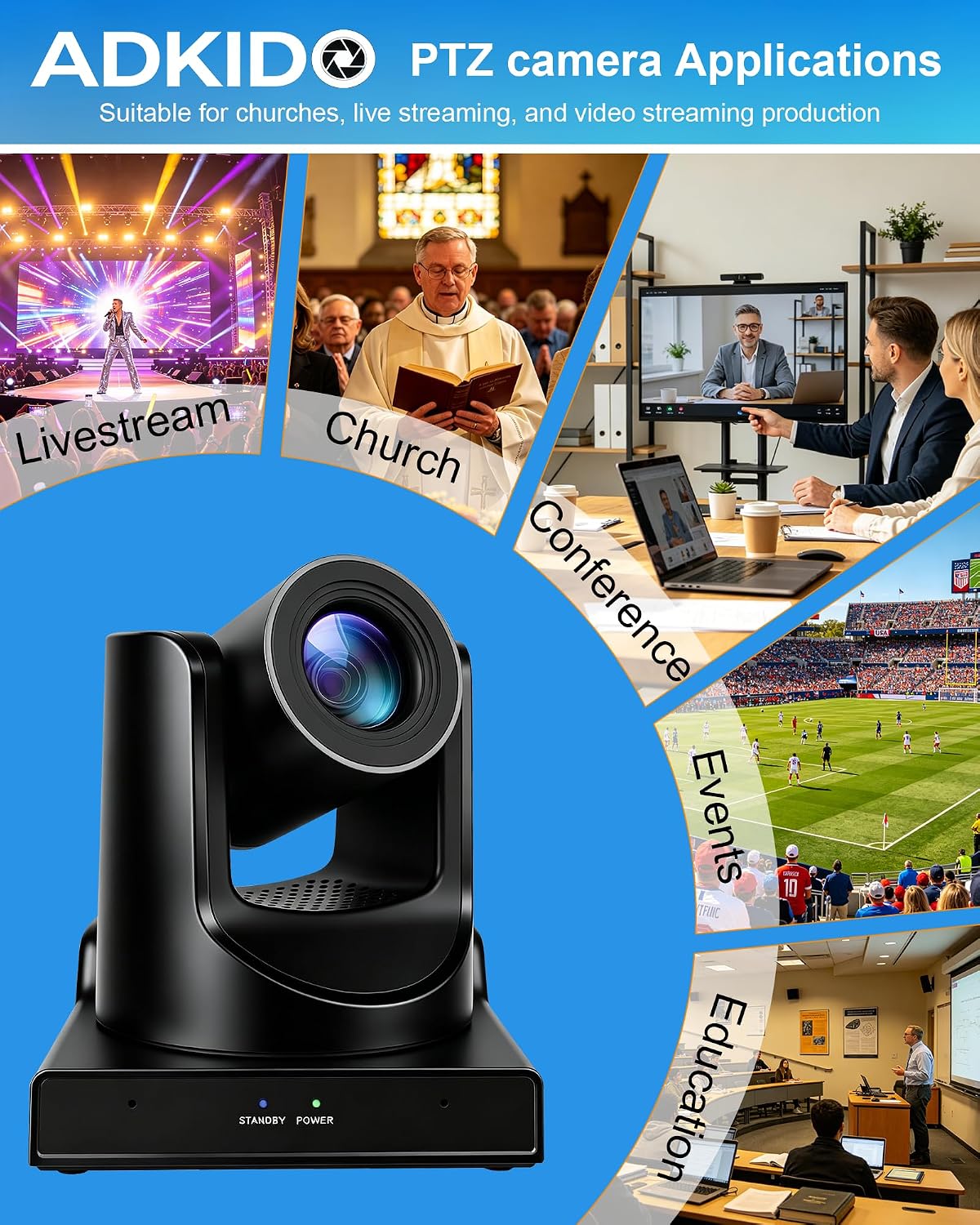 PTZ Camera, SDI Camera with AI Tracking, 20X Optical Zoom 1080P 60fps POE IP Live Streaming, Simultaneous HDMI 3G-SDI USB3.0 LAN Output for Church, Conferences, Teaching
