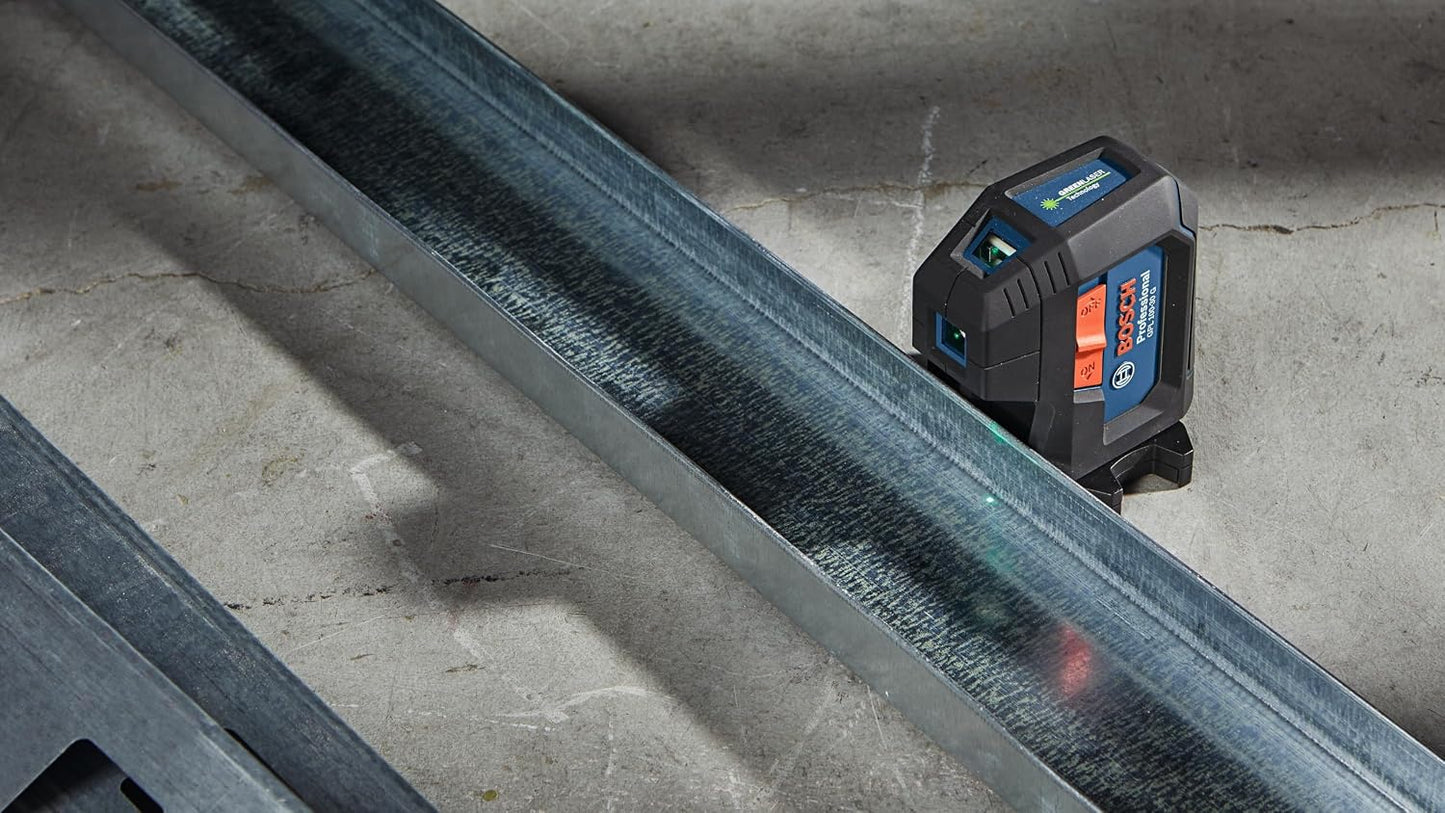 BOSCH GPL100-30G Green-Beam Self-Leveling Alignment Laser, Includes 2 AA Batteries, Built-In Multipurpose Mount, & Hard Carrying Case | Self-leveling, multipurpose mount, batteries and hard case included