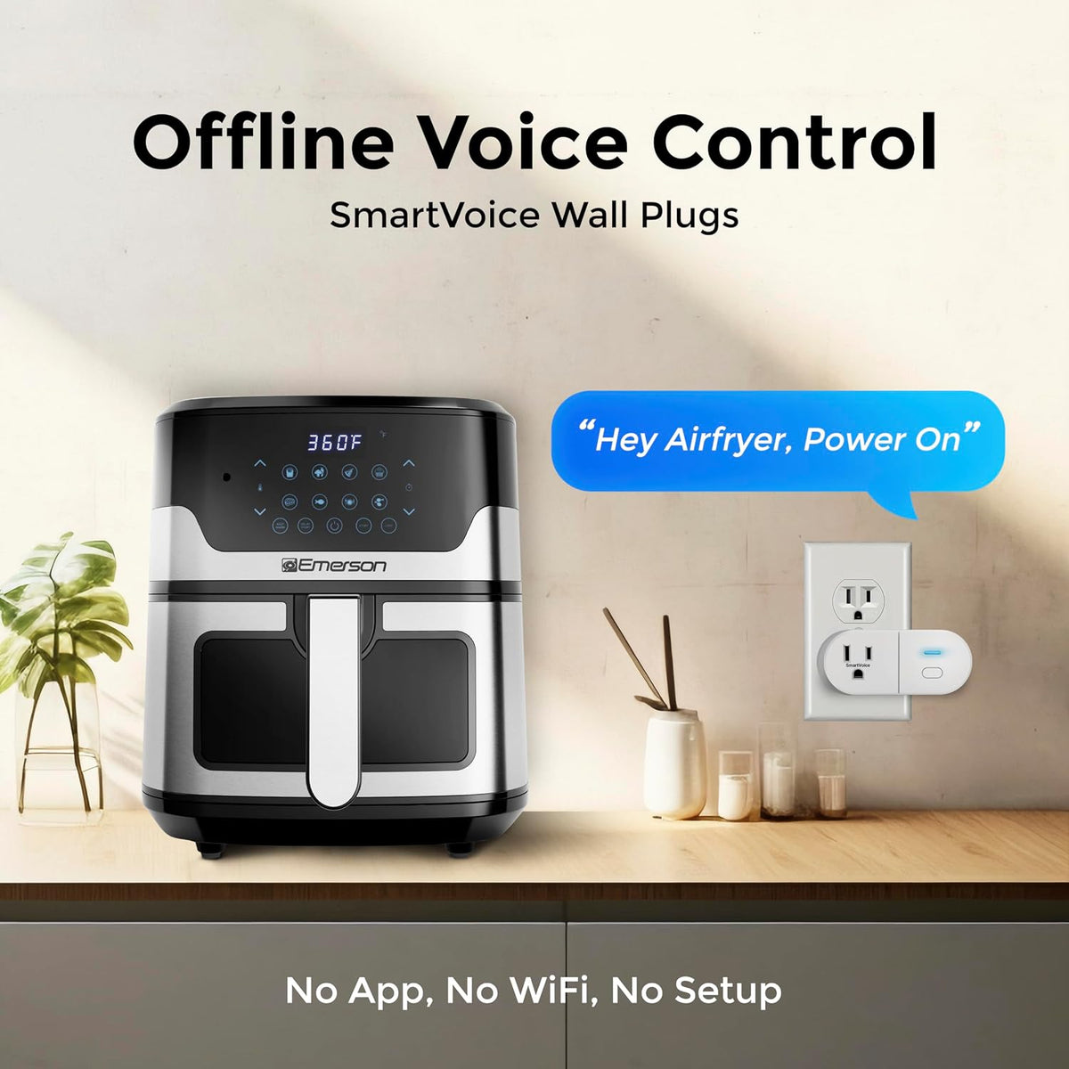 Emerson SmartVoice Smart Wall Plug, Single Outlet Voice Control, No WiFi or App, Hands-Free Control, Sleep & Wake Timer, ETL Listed