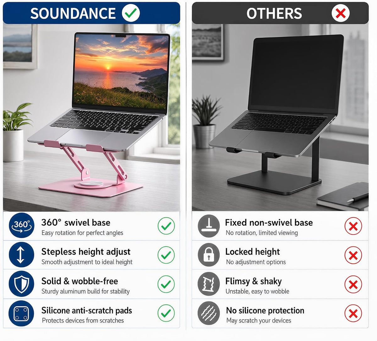 SOUNDANCE 360 Rotating Laptop Stand, Adjustable Riser,10-17", Pink