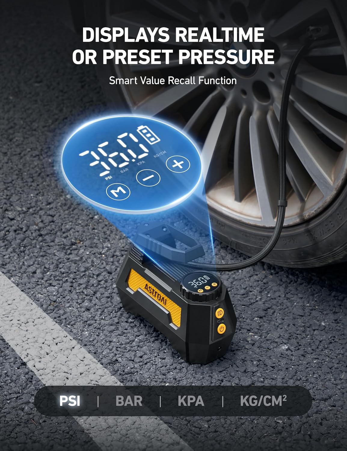 AstroAI H2 Pro Cordless Tire Inflator Portable Air Compressor 12VDC Battery | Dual Power Supply Auto Shut-Off Digital Pressure Gauge Fast Inflation Air Pump for Cars Motorcycles Bikes Ball Gift Yellow