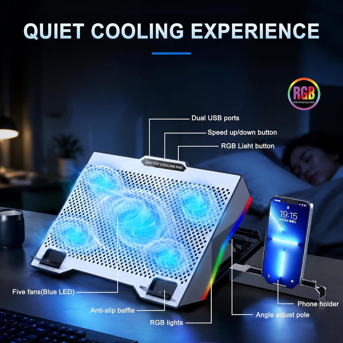 AFI Electronics Laptop Cooling Pad, 5 Quiet Fans Gaming Laptop Cooler for 11–17 Inch, RGB LED, LCD Display, 6 Fan Speeds, 8-Height Adjustable Stand, Dual USB Ports, Notebook Cooling Stand