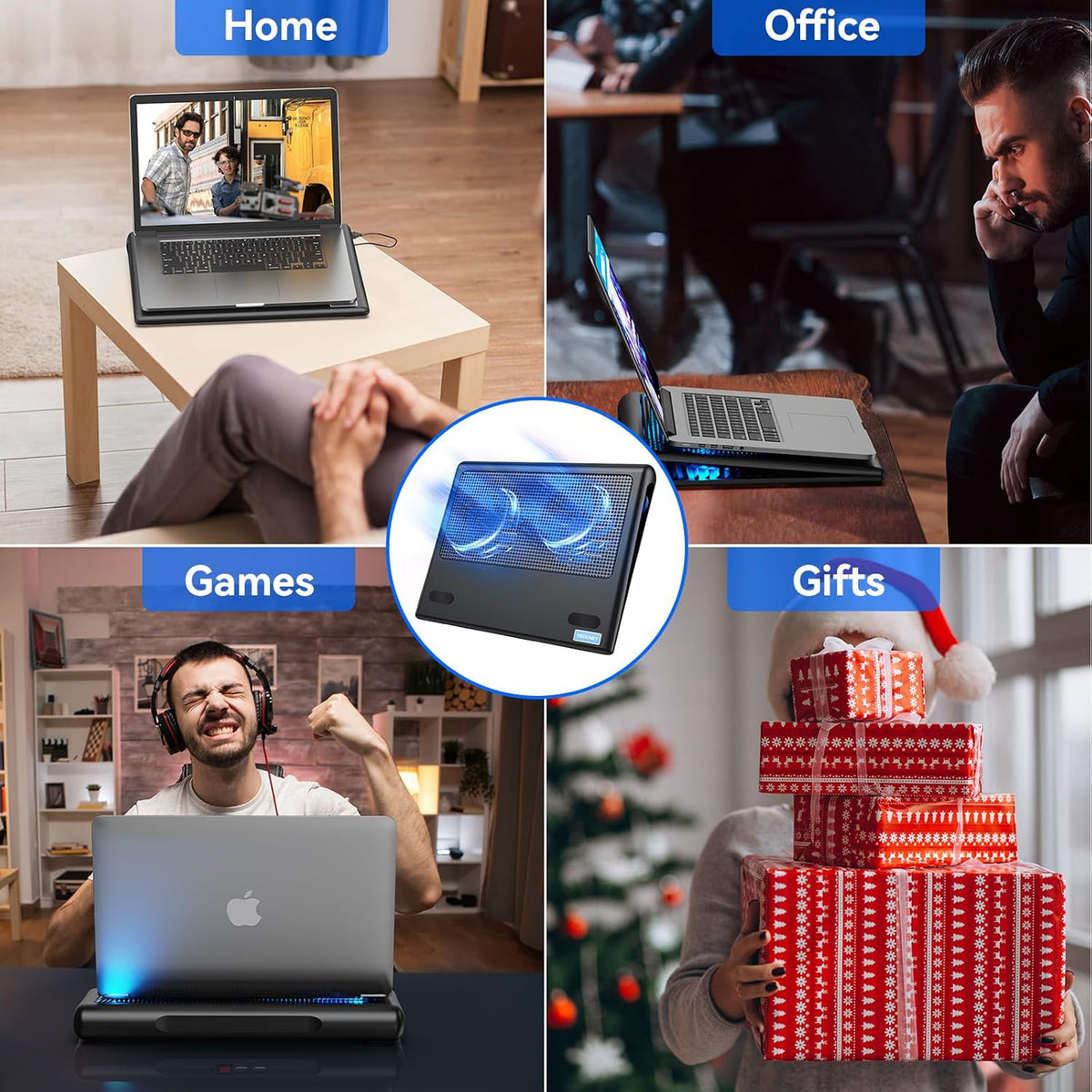 TECKNET Laptop Cooling Pad - 12"-15.6" Laptop Cooler with Quiet Cooling Fan | USB-A & USB-C Powered Cooling Stand with Adjustable Wind Speeds for Gaming, Work & Everyday Computing, Blue LED