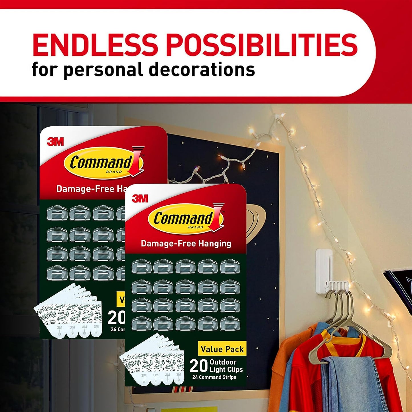 Command Outdoor Light Clips, 40 Clear and 48 Strips, Damage Free Hanging with Weather Resistant Strips, Wall Clips for Hanging Outdoor Lights and Cable Management