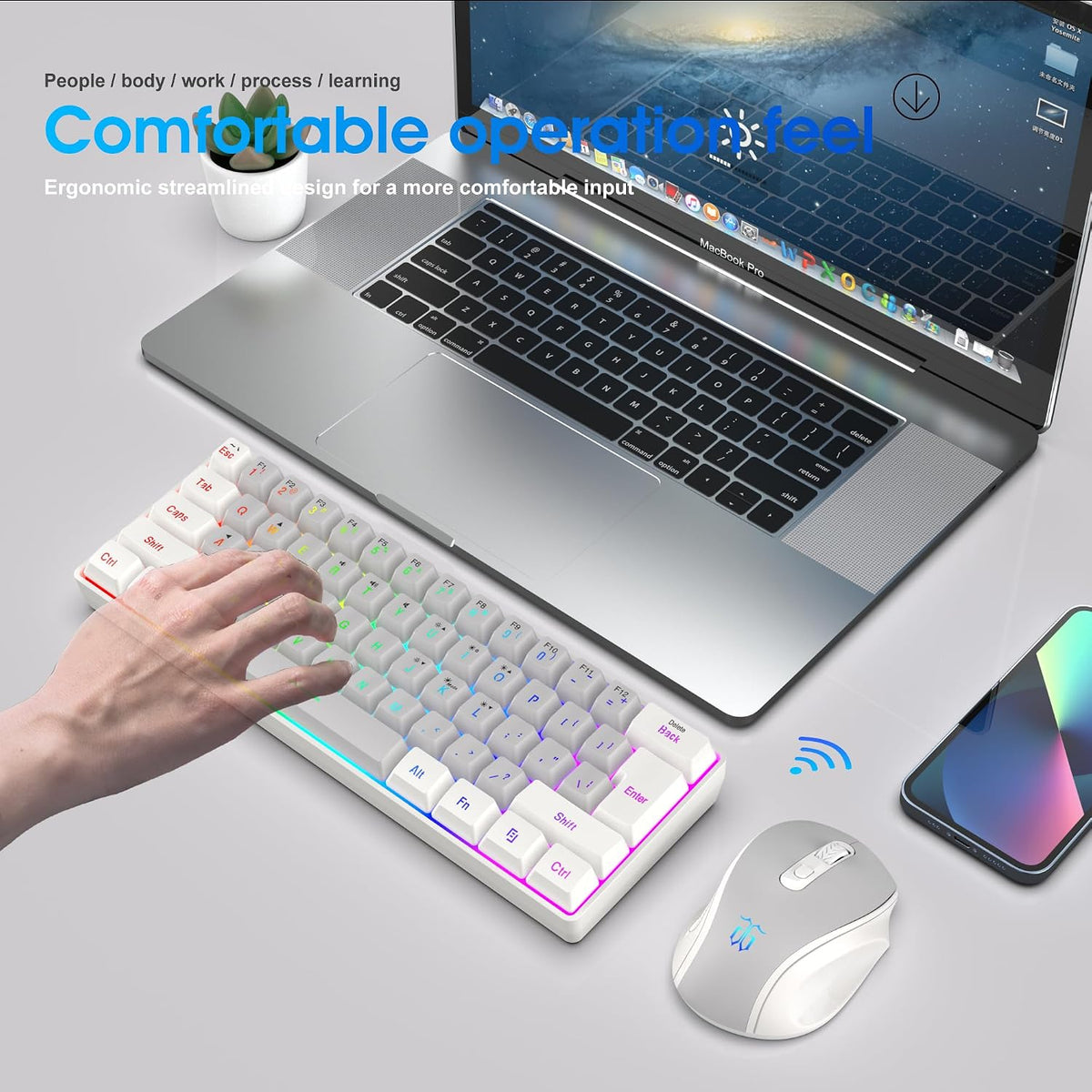 Snpurdiri 2.4G 60% Wireless Gaming Keyboard and Mouse Combo (White-Grey)