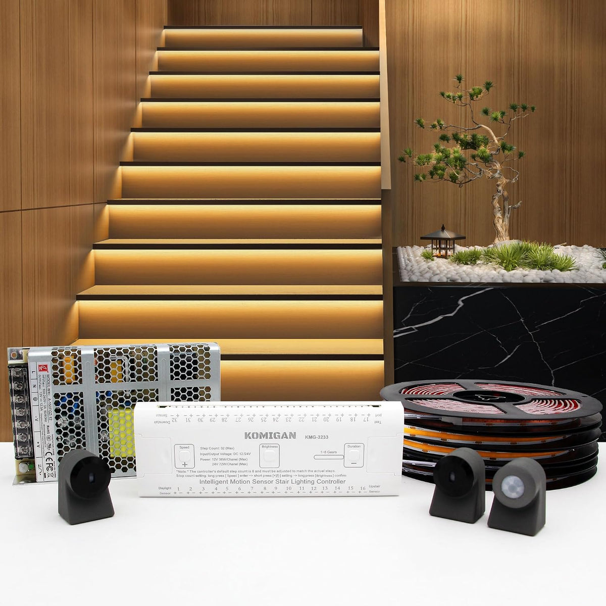 Intelligent Motion Triggered LED Stair Lighting Kit KMG-3233, 40" Cuttable LED Strip Light for Indoor LED Stair Lights (Mars Green Color, 16 Stairs)