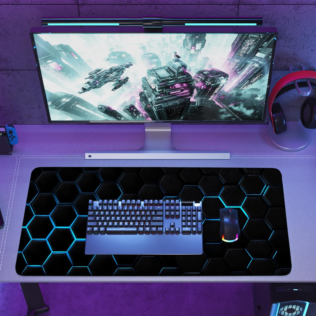 Gaming Mouse Pad – Large Extended Desk Mat35.43 x 15.75 in – Futuristic Black Honeycomb Design with Blue Glow, Non-Slip Base, Waterproof Surface, Keyboard & Mouse Pad for Gaming or Office