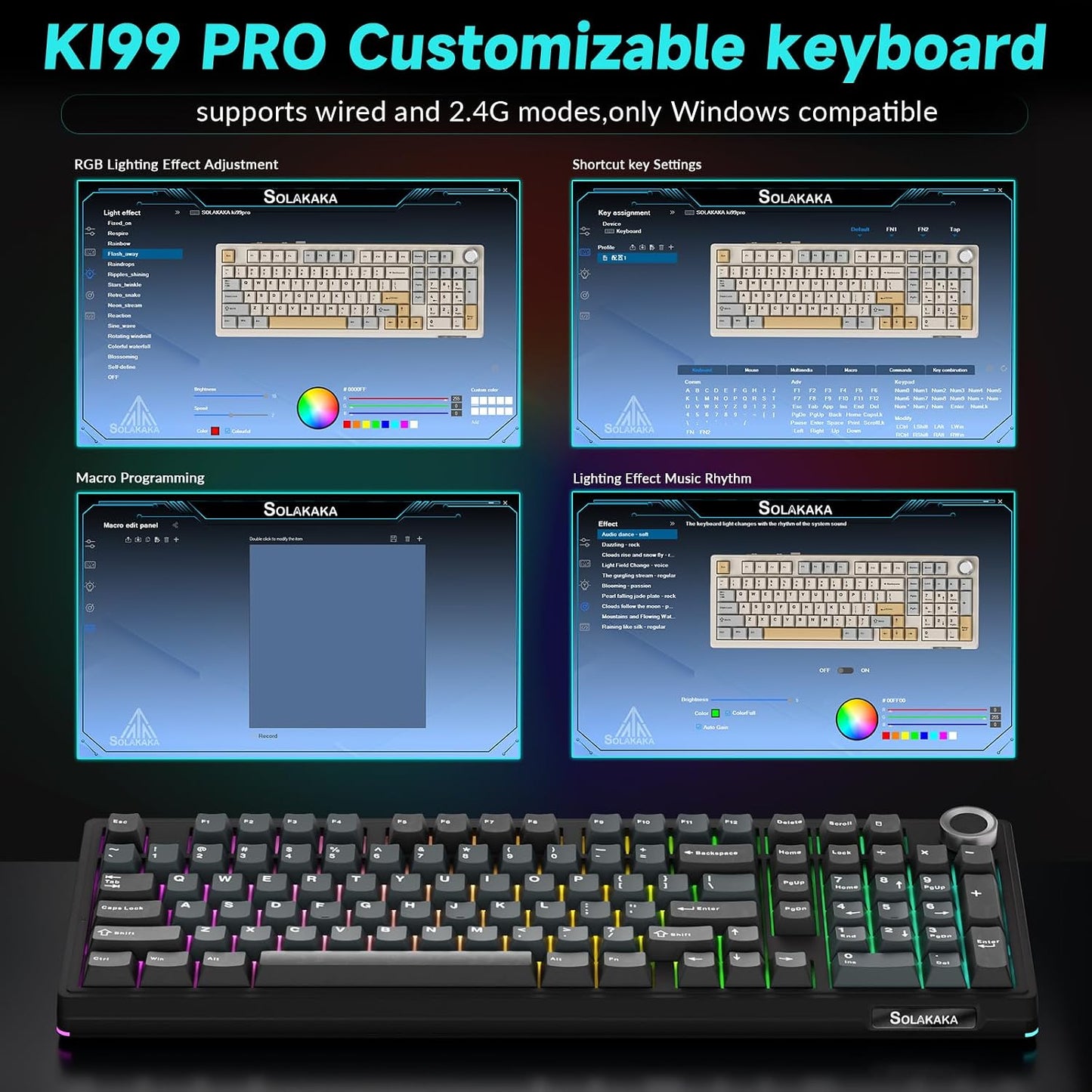 SOLAKAKA KI99 Pro Wireless Mechanical Keyboard with Quiet Switch, Hot Swappable Pre-Lubed Switches with RGB Backlit, Gasket Structure Computer Gaming Keyboard (BlackBlue, Silent Switch)