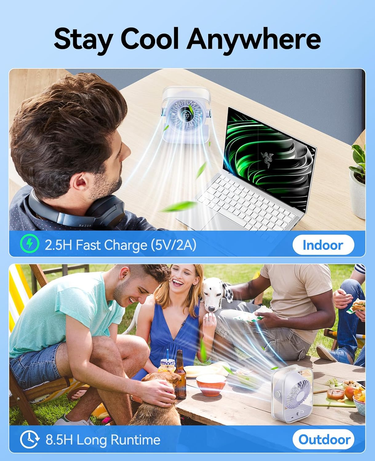 KIMMOO USB Desk Fan, Quiet Table Fan with Turbo Airflow, 100 Speeds, Digital Display, 90° Rotating, Small Rechargeable Battery Desktop Fans for Bedroom Home Office Travel, Lavender