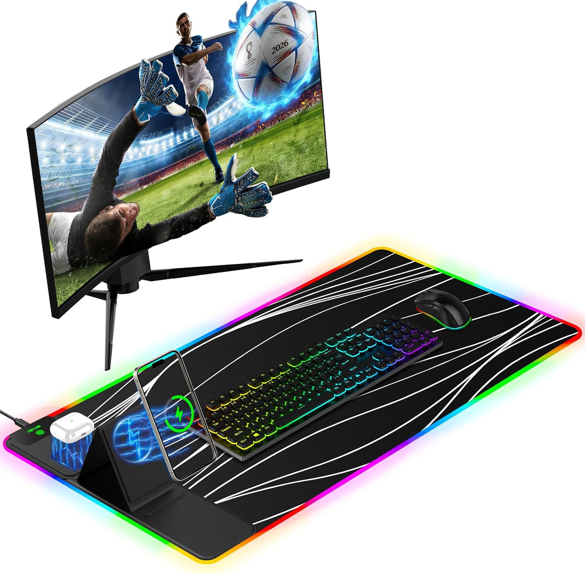 Mouse Pad with Magnetic Wireless Charging, Large Desk Pad Protector, RGB Black Desk Mat with 15W Fast Charger, Non-Slip Waterproof Mousepad for Office Home Gaming