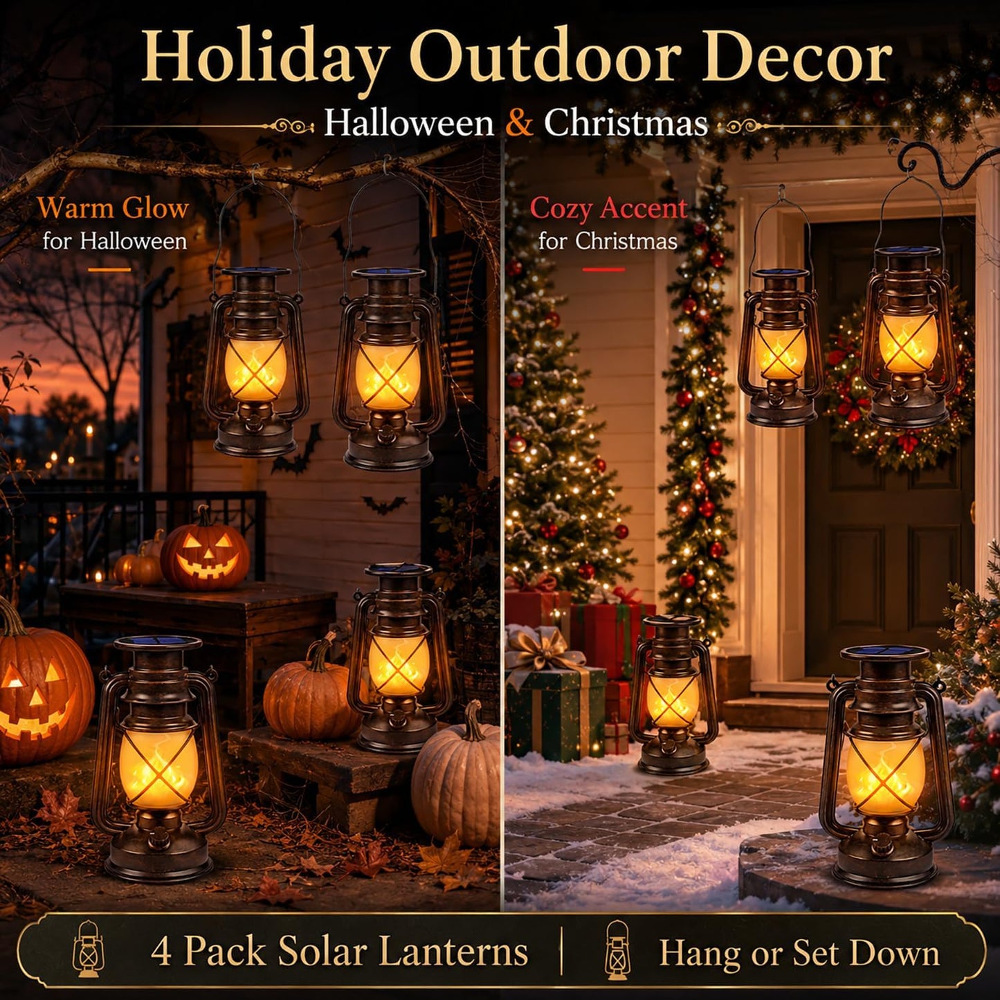 Marlrin Solar Lanterns Outdoor Waterproof 2 Pack LED Flickering Flame Light | Vintage Hanging Solar Lanterns Decorative Outdoor for Patio Garden Porch Decor Yard Pathway Camping Table Holiday Halloween