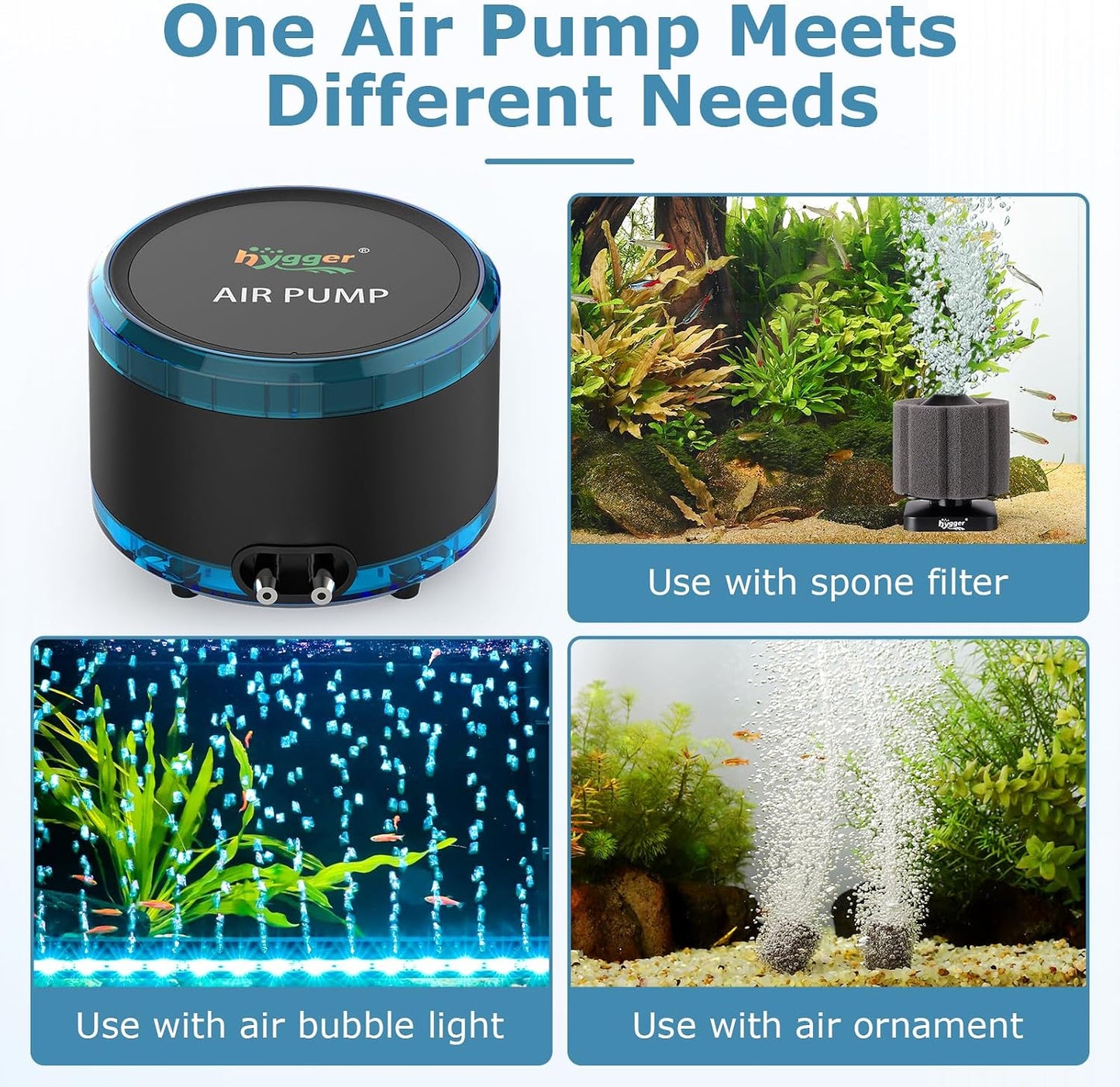 hygger Aquarium Air Pump Dual Outlet, Quiet Powerful Fish Tank Aerator 4W/8W, Adjustable Oxygen Pump with Air Stone, Bubbler for Fish Tank Up to 200 Gallon