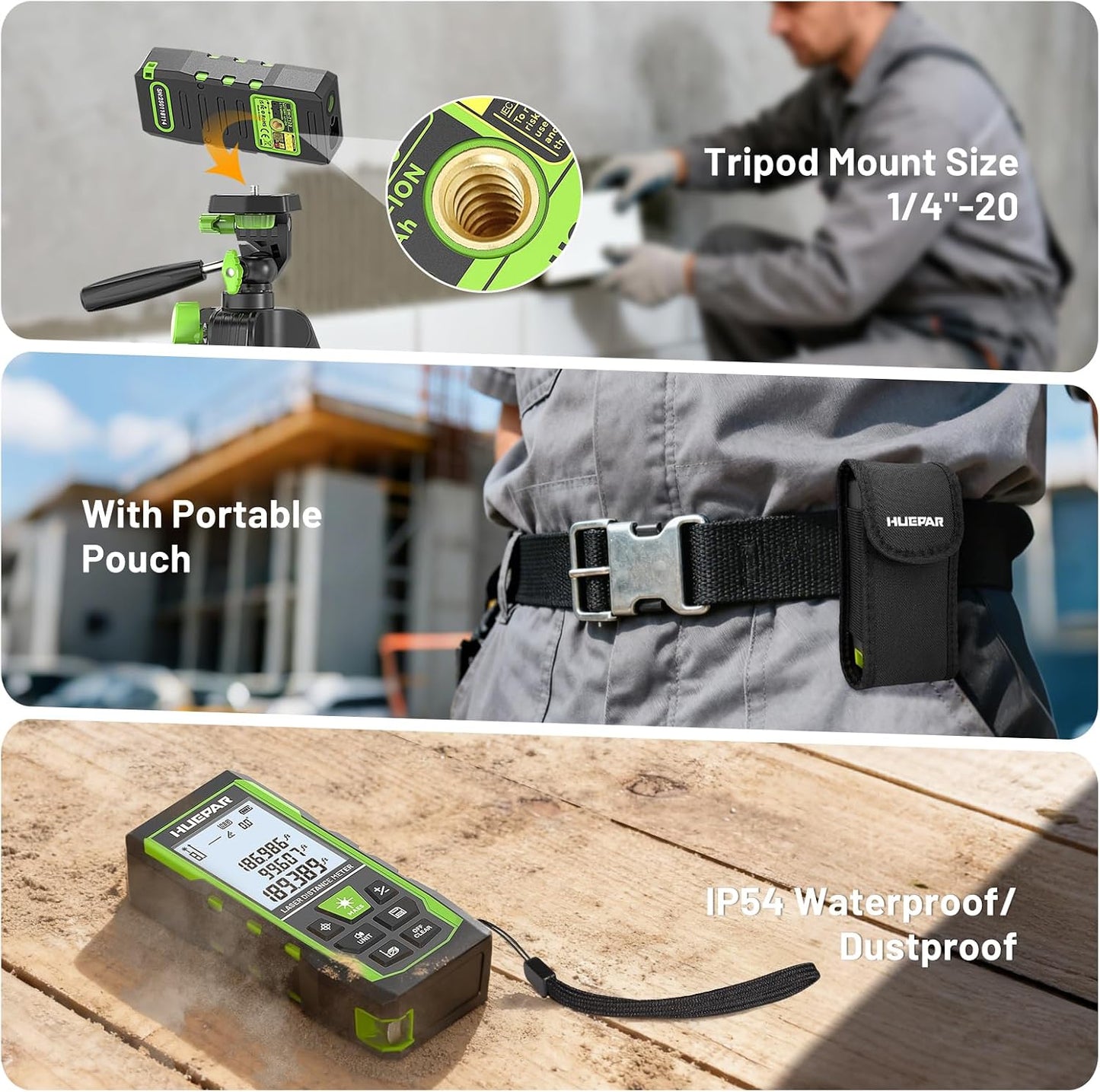 Laser Measuring Tool 3-in-1, Huepar 165 Ft Laser Measure & 33 Ft Green Cross Line Laser Level & 6.5 Ft Tape Measure, Rechargeable, Voice Broadcast, Multi-Mode, Rugged for Construction&Home Use, SW-T50