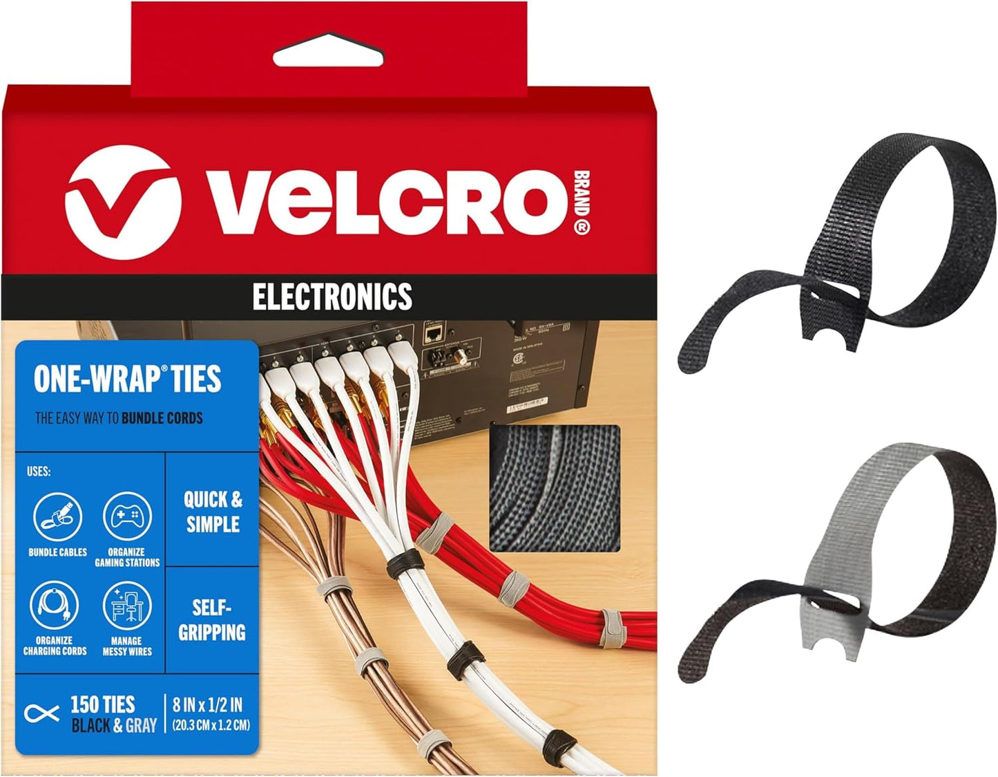 VELCRO Brand 150pk Cable Ties Value Pack, 8in | Gifts for Tech Lovers | For Wire Management and Cord Organizer | Replace Zip Ties with Reusable Straps, Reduce Waste