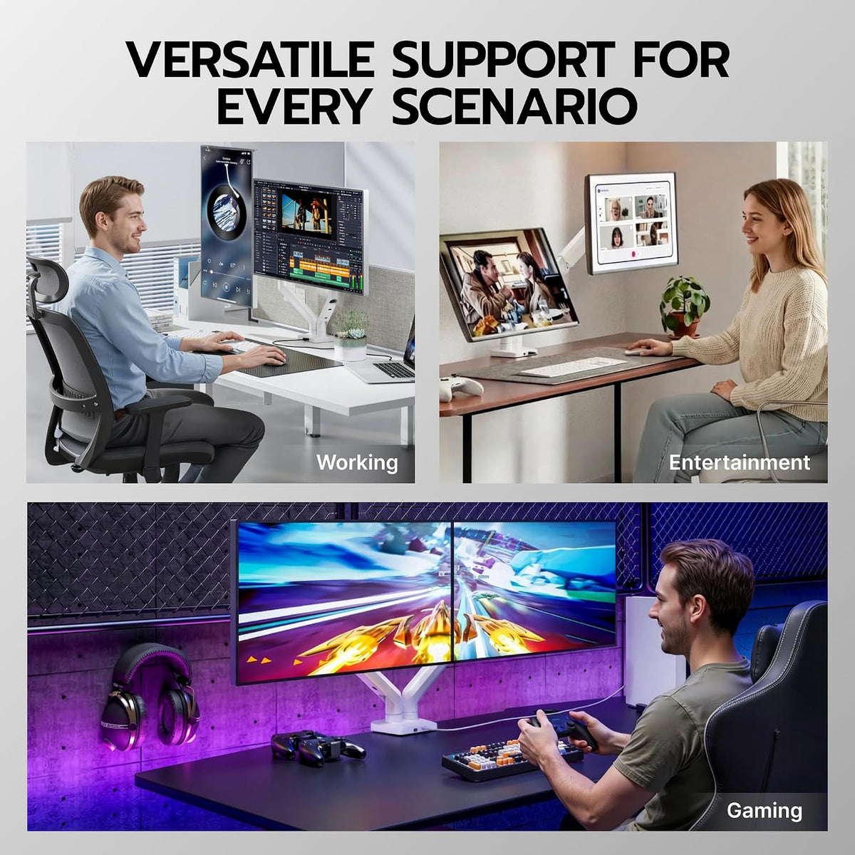 ARES WING Dual Monitor Mount with USB for 2 Monitors for 17-35 inch, White