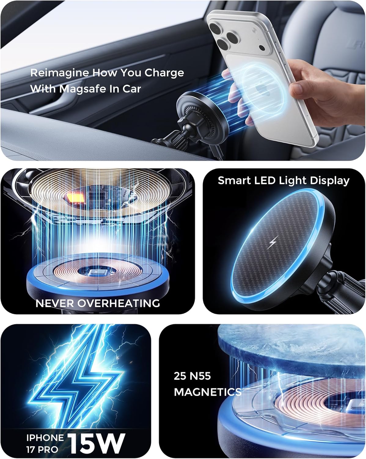 Estbuc 2-in-1 15W Magsafe Car Mount Charger, Magnetic Wireless Car Charger | 360° Dashboard & Air Vent Phone Mount, Phone Holders for Your Car, Car Accessories for Men Women for iPhone 17-12