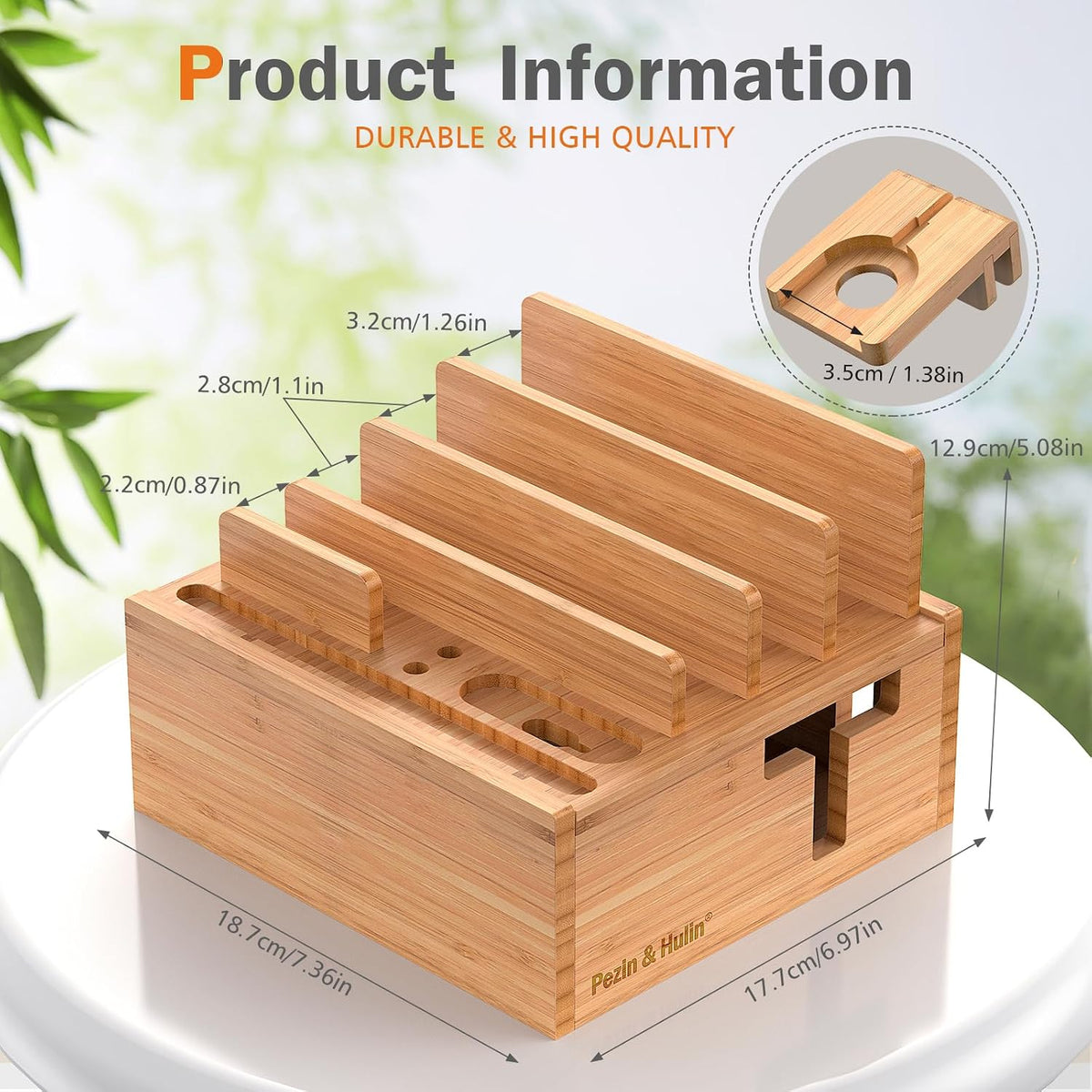 Pezin & Hulin Bamboo Charging Station for Multiple Devices with 5-Port HUB