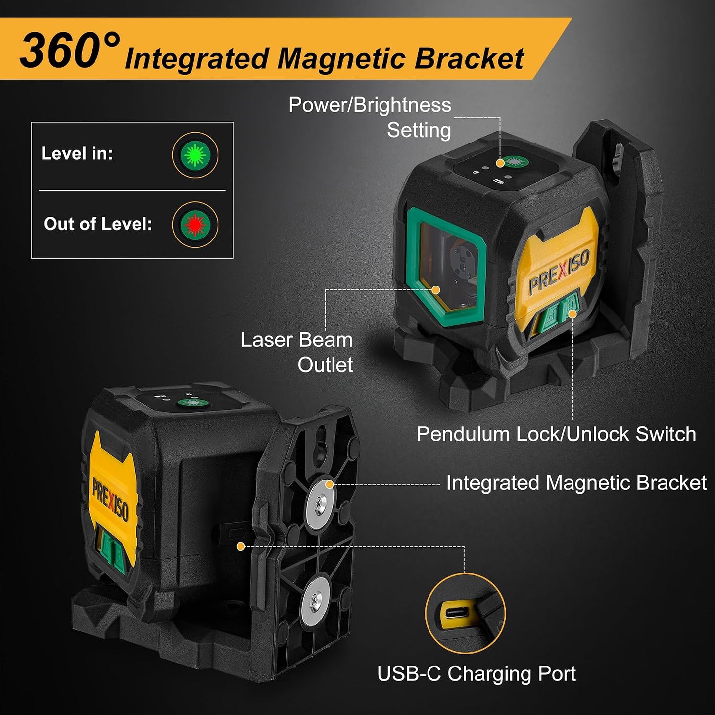 PREXISO Laser Level with 47 Inch Tripod, IP54 Rechargeable 65Ft Green Laser | 3 Brightness Mode, Self Leveling Cross Line Laser, Light Indicator, Lazer Leveler Tool for Picture Hanging, Home Renovation