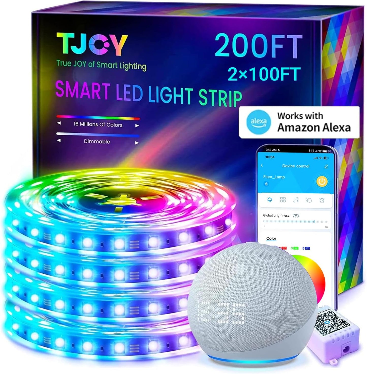 TJOY 100ft Smart Led Strip Lights for Bedroom, Work with Alexa, RGB Color Changing Music Sync Led Lights with App Remote,Multi-Color Wireless Led Strip Lighting for Bedroom (APP+Remote+Voice)