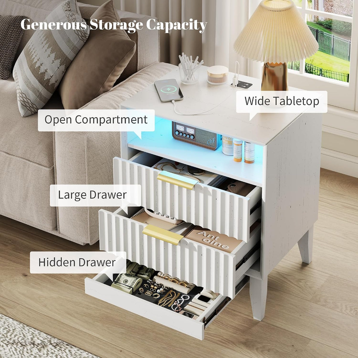 LVSOMT 24“ W Fluted LED Nightstand with Charging Station, RFID Lock, White