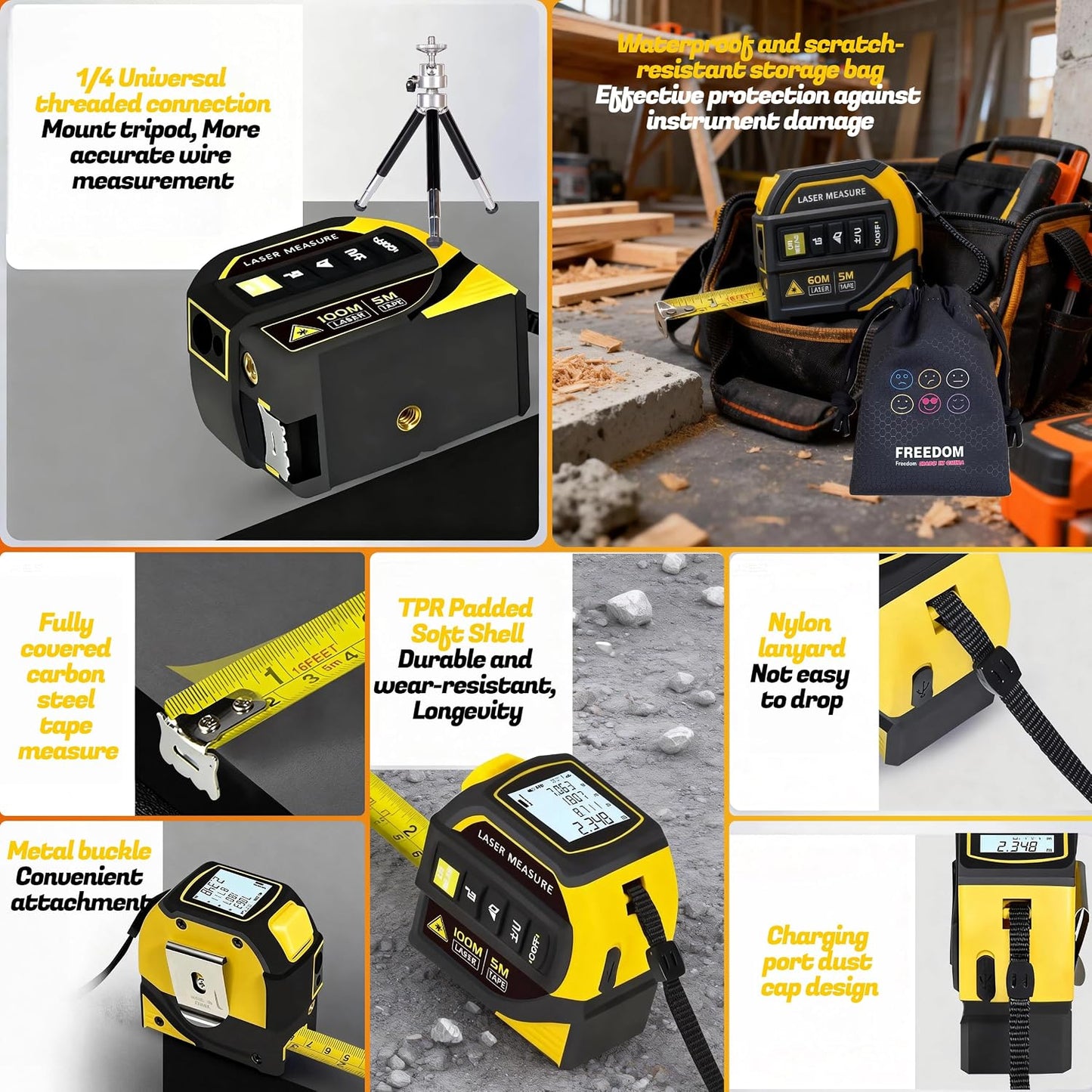 4-in-1 Laser Tape Measure with Level,16Ft Ruler,197Ft Laser | Almighty Digital Laser Distance,Heavy-Duty Tool with Crosshair,Smart Range Finder,Easy-Read Display,Rechargeable