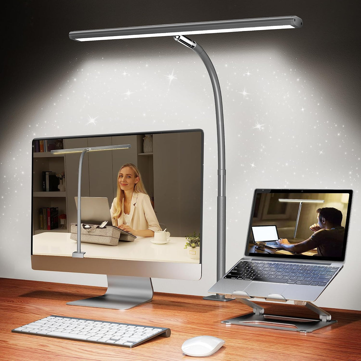 Airlonv LED Desk Lamp with Clamp, 17" Stepless Dimming Light, Gold