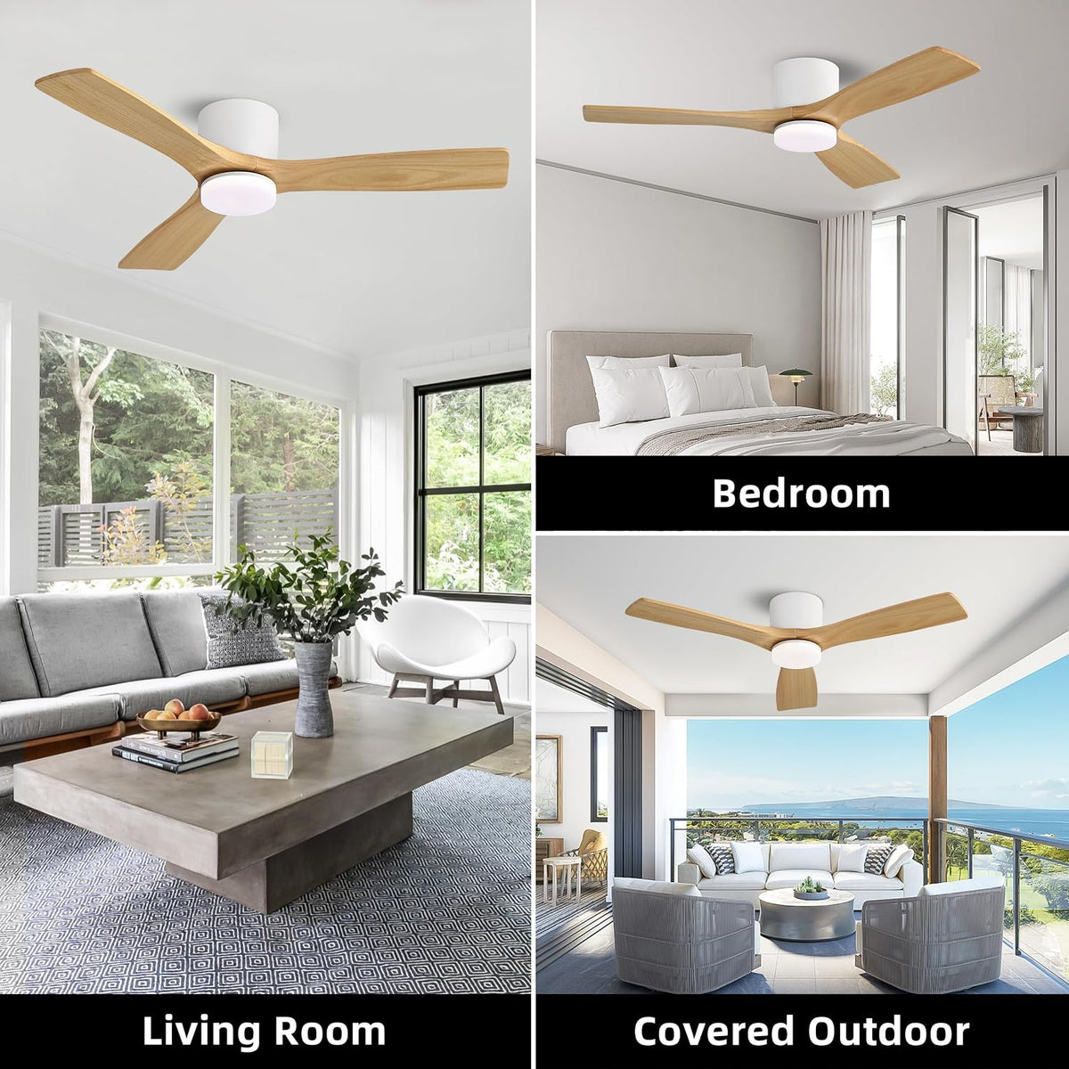 WINGBO 48 Inch Flush Mount DC Ceiling Fan, 3CCT Dimmable Light, 3 Carved Wood Blades, 6-Speed Noiseless Reversible DC Motor, Low Profile Fan, Gloss White Finish with Natural Wood Blades, ETL Listed