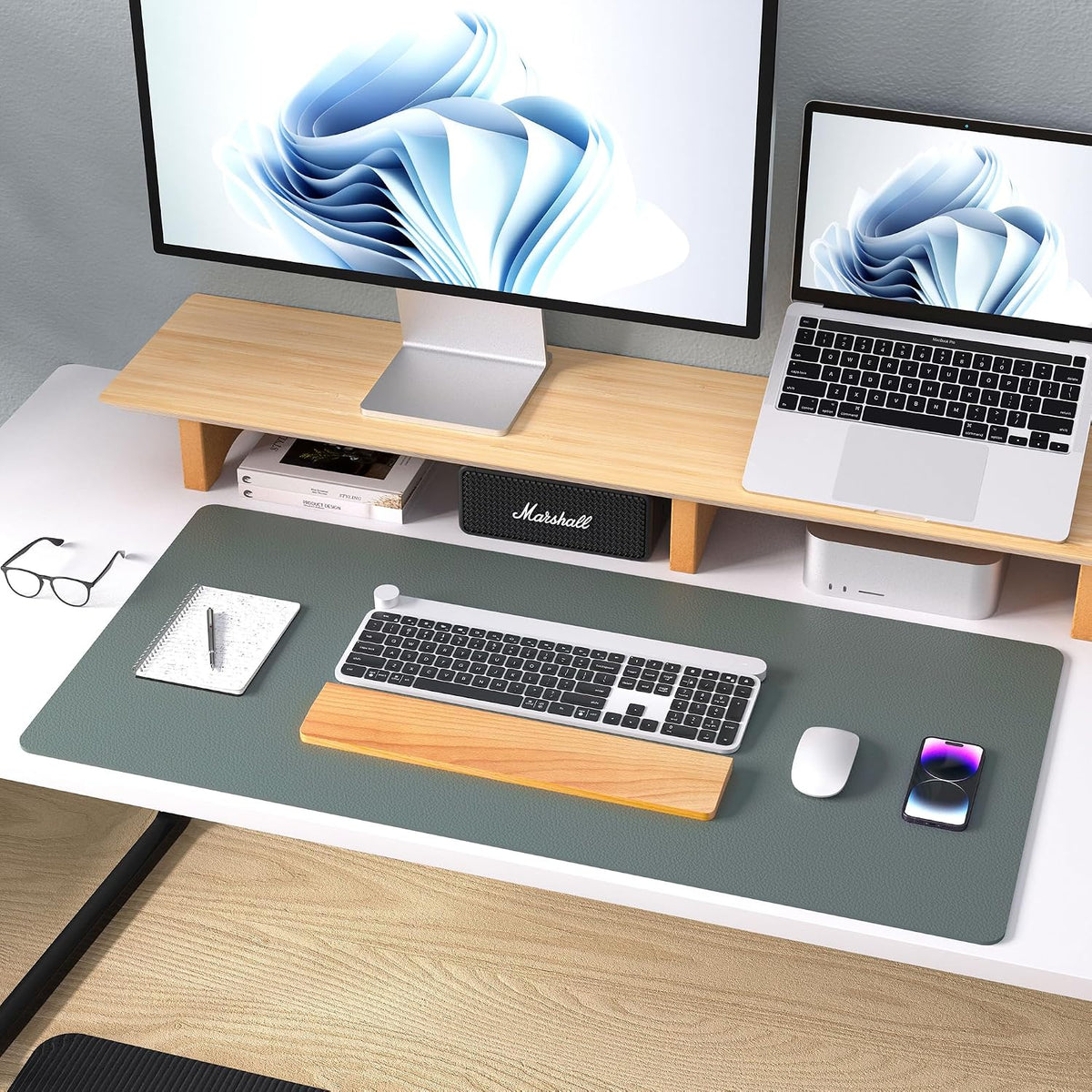 Aothia Leather Desk Protector, Mouse Mat, Non-Slip PU Leather Blotter, Laptop Desk Mat, Waterproof Writing Pad for Office and Home (Jungle Green, 36" x 17")