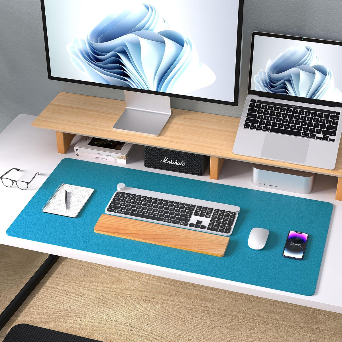 Aothia Leather Desk Pad Protector, Mouse Pad, Office Desk Mat, Non-Slip PU Leather Desk Blotter, Laptop Desk Pad, Waterproof Desk Writing Pad for Office and Home (Turquoise,36" x 17")