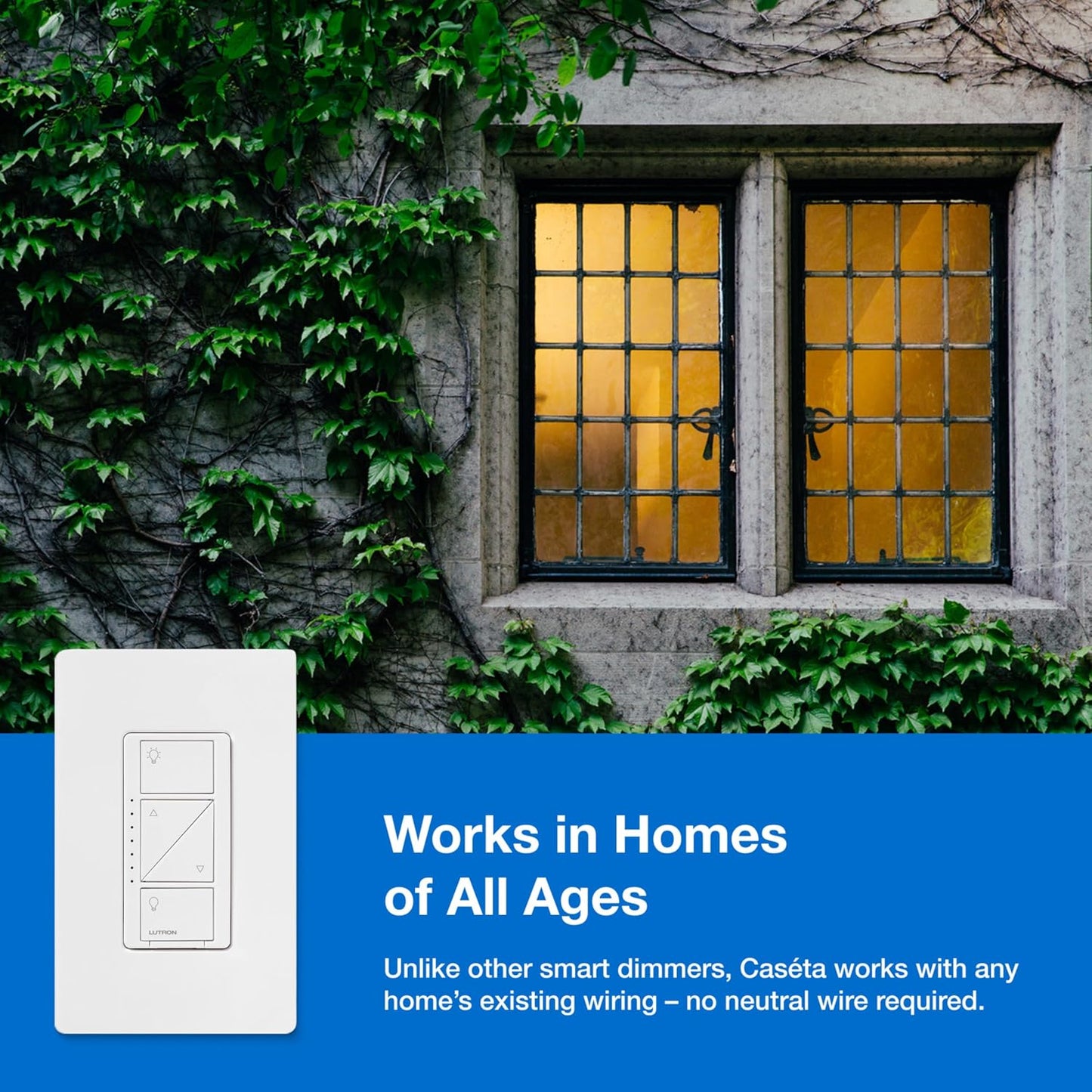 Lutron Caseta Smart Dimmer Switch (Smart Hub Required), No Neutral Required | For Caseta Systems, for Dimmable LED Lights, 150 Watt, Single-Pole/3-Way, PD-6WCL-WH, White