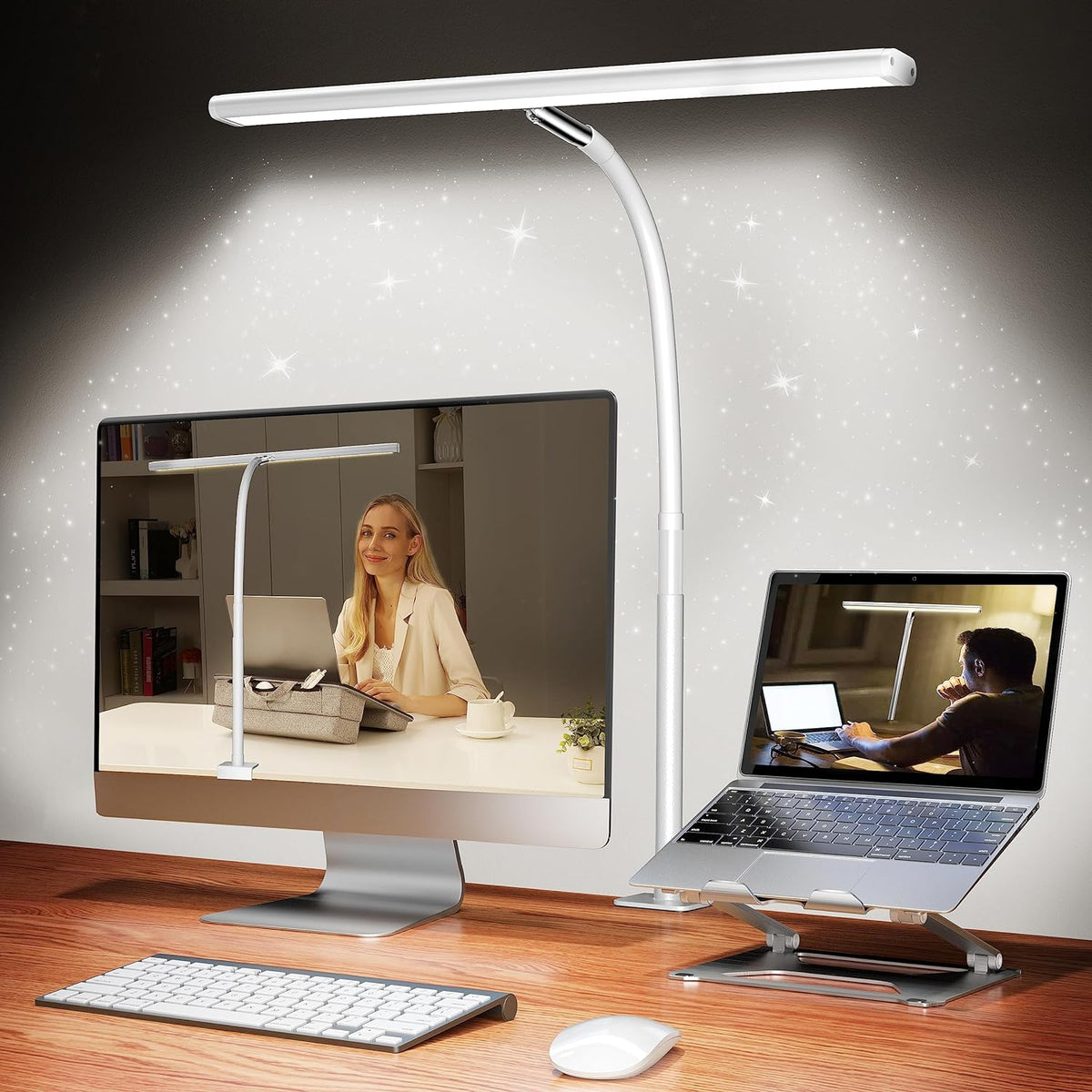 Airlonv LED Desk Lamp with Clamp, 17" Stepless Dimming Light, Grey