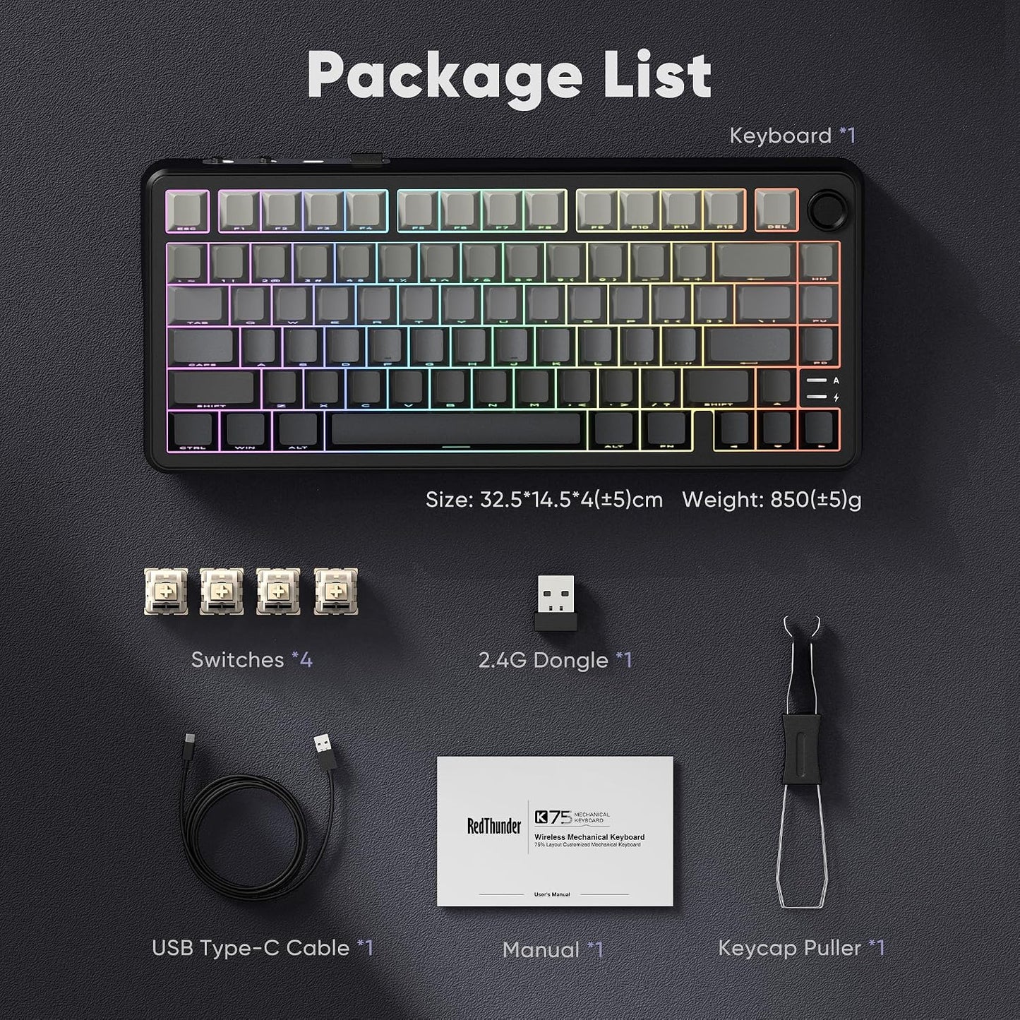 RedThunder K75 Wireless Mechanical Gaming Keyboard, 75% Hot Swappable Creamy Keyboard with Knob, RGB Backlit, Pre-lubed Linear Switches, Side Engraved PBT Keycaps, Wireless/Wired/BT5.0, Gradient Gray