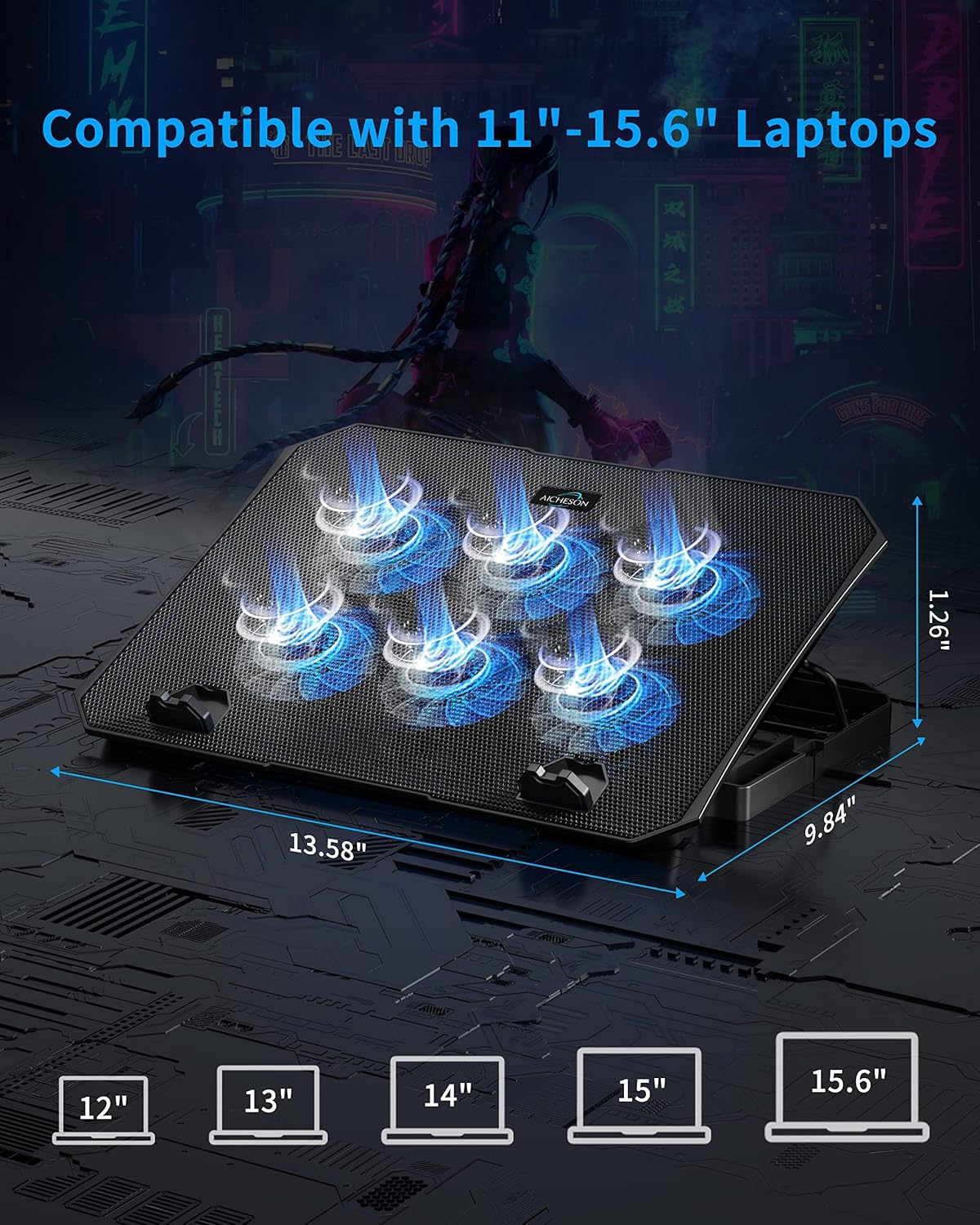 AICHESON Laptop Cooling Pad for 12-15.6 Inch, 6 Cooler Fans, Blue Lights | Laptop Cooling Stand with 2 USB Ports, Adjustable Heights Base
