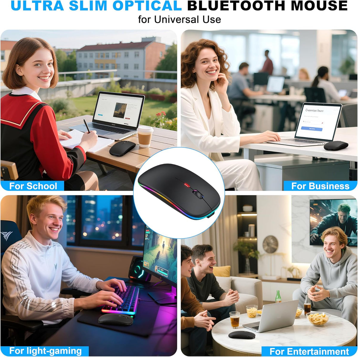 LED Bluetooth Wireless Mouse for MacBook Air Mac Pro Laptop iPad–Black