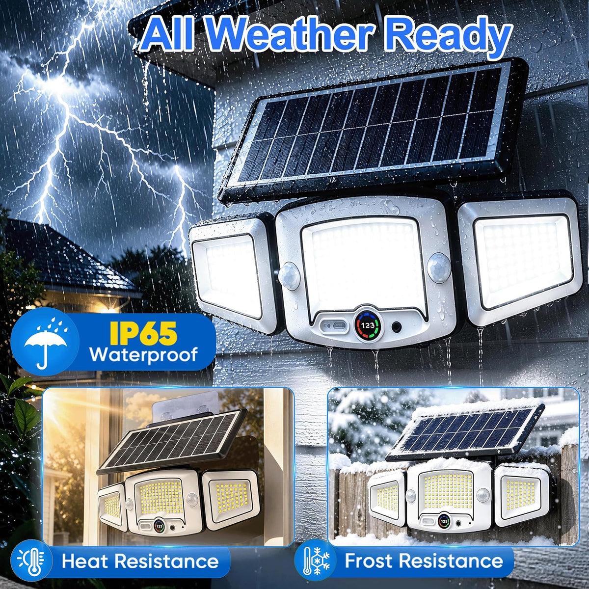 Solar Lights Outdoor Waterproof - Dual Motion Sensors & Rechargeable Battery, 3 Charging Methods Solar Flood Lights, Smart Display LED Security Lights for Garage, Porch, Patio, Yard, Driveway