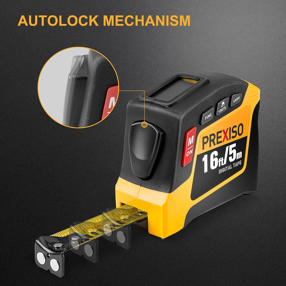 PREXISO 2-in-1 Digital Tape Measure, 16Ft Rechargeable Measuring Tape | Auto Lock Digital Measuring Tape Magnetic, Ft/Ft+in/in/M/CM/MM - Metric & Inch Measurement Tape Pythagorean, Area, Volume