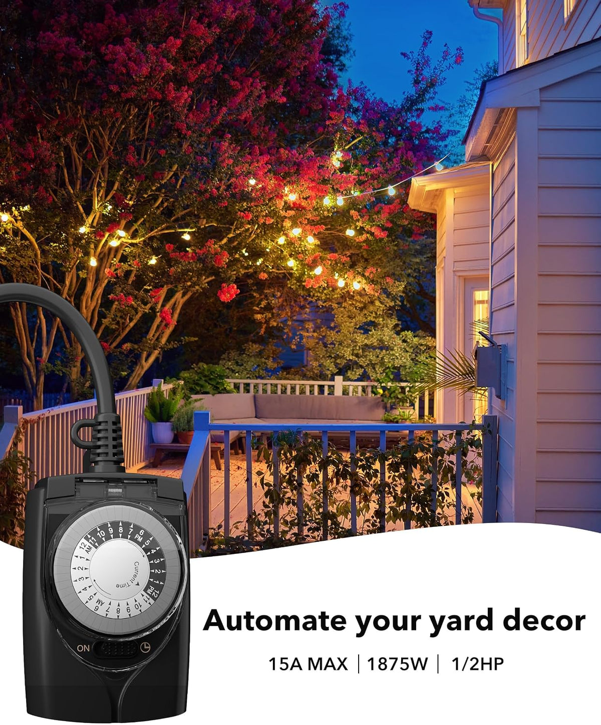 HBN Outdoor Timer Outlet Waterproof, 24 Hour Mechanical Light Timers for Electrical Outlets Outdoor Weatherproof, 2 Grounded Outlets for Christmas Lights, Pool Pump, 15A 1/2HP
