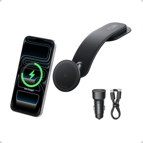 Anker Nano Magnetic 15W Car Charger with Alloy Bracket Wireless | Qi2-Certified 360-Degree Adjustable Mount with Detachable Pad, for iPhone 17 / 16 / 15 / 14 / 13 Series (Adapter Included)