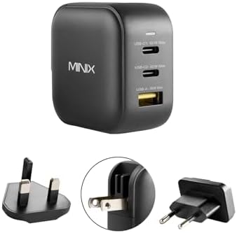 MINIX P1 66W Turbo 3-Port GaN Travel Wall Charger USB C Fast Power Adapter | Foldable Plug (2x USB-C, 1x USB-A) Compatible with MacBook Pro Air, iPad Pro, iPhone 17/16/15/13, Galaxy S25 (US/UK/EU Plugs)