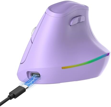 KYSONA 57° Wireless Ergonomic Mouse, Vertical Mouse, Carpal Tunnel Mouse, RGB Light, Rechargeable, Bluetooth & 2.4G, 5-level DPI Adjustment, Quiet Click Ergo Mice Compatible with PC/Laptop/Mac, Purple