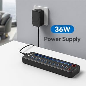 Powered USB Hub, Wenter 11-Port USB Splitter Hub (10 Faster Data Transfer Ports+ 1 Smart Charging Port) with Individual LED On/Off Switches, USB Hub 3.0 Powered with Power Adapter for Mac, PC