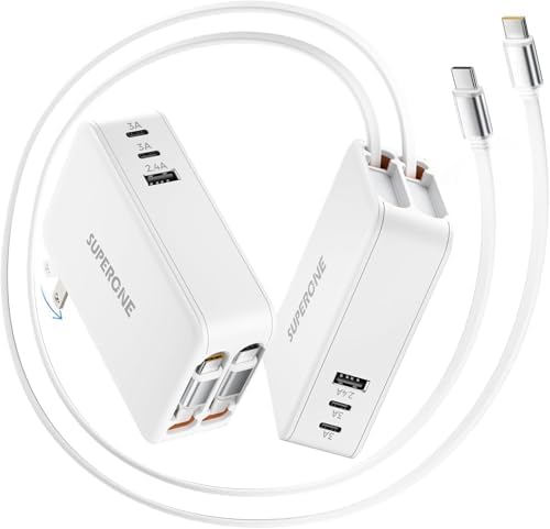 65W Retractable Wall Charger with Dual USB C Cables | 5-Port Charger Block, Compact Foldable Power Adapter, Fast Charging for MacBook Pro/Air Dell XPS ThinkPad ZenBook iPhone iPad