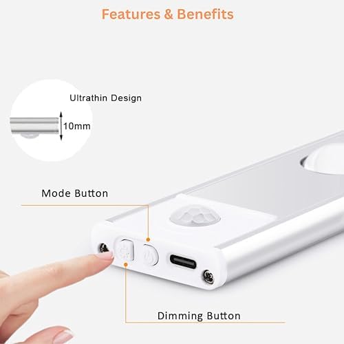 12" LED Cabinet Light with Motion & Light Sensor, Pack of 2 Rechargeable Under Cabinet Lighting, 3 Color Modes 3000K/4500K/6000K, 62 LEDs, 150LM, USB, 2200mAh Battery, Wireless Closet Light
