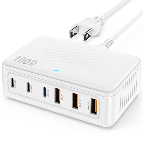 USB C Fast Charger Block, 100W GaN 6 Port Type C Charging Station Hub,Wall Charger Power Strip Adapter Plug Cube Brick Box for Apple iPhone 17 16 15 14 13 12 Pro Max/iPad/Pixel/Samsung Galaxy S25 S24